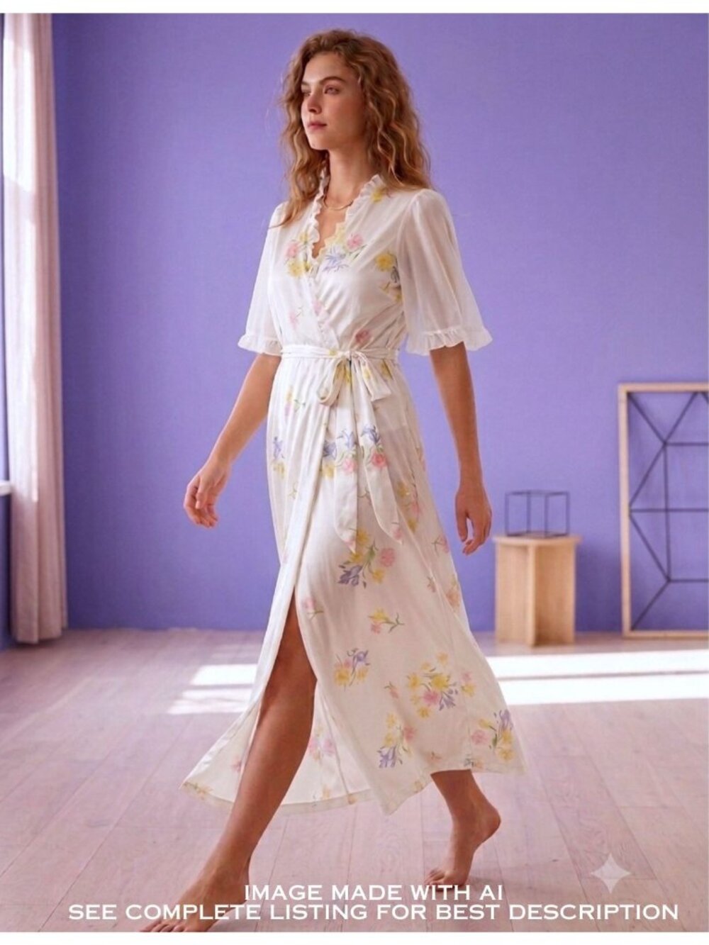Vintage JCPenney Floral Dressing Gown S Robe Ruffle Semi Sheer Coquette Twee